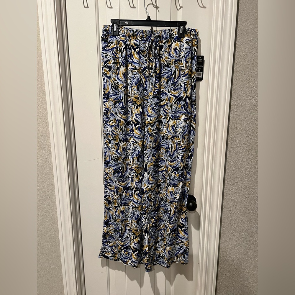 NWT Robert Louis Blue and Gold Leaf tropical floral Print wide leg pants sz L
